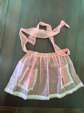 Vintage 1950s Pink Sheer Hostess Apron Unused Lace Trim Pockets Mid Century